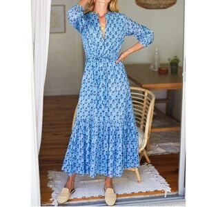 Emerson Fry Frances Dress L Maxi Block Print‎ Boho Organic Cotton Marigolds Blue